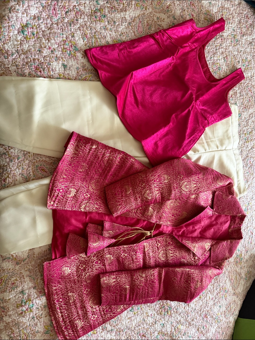 3 piece set: Fuchsia Pink Satin Top with Brocade Jacket and Cream Trousers